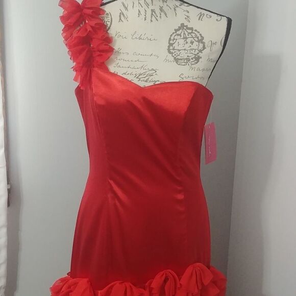 NWT Dana Mathers D1107B One Shoulder Flamenco Prom Slit Bright Red Dress 10 - Picture 2 of 9